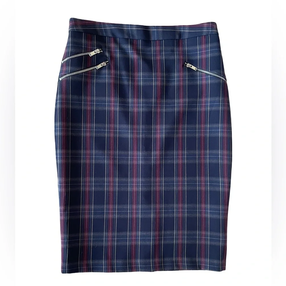 NWT Philosophy Navy Plaid Pencil Skirt With Zipper Details Women’s Size 10